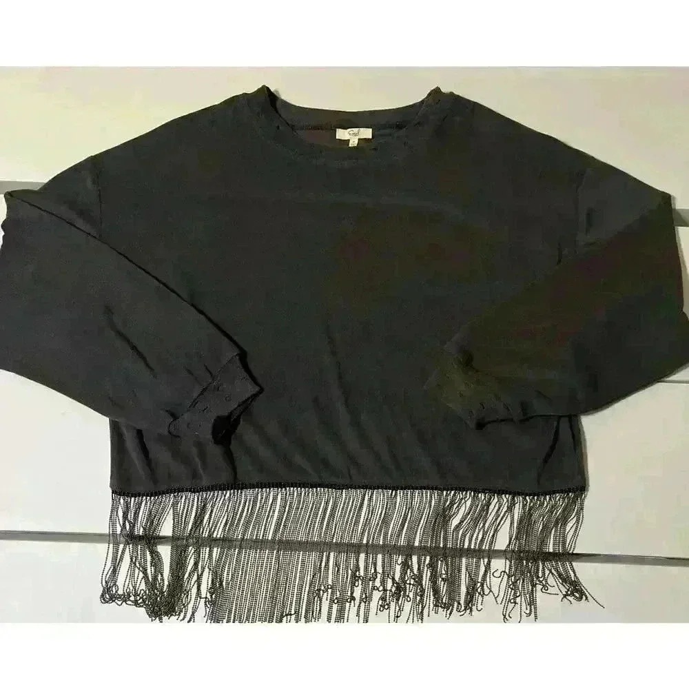 Women’s Easel LA Boho Fringe Sweater Gray Size Medium Oversized Distressed